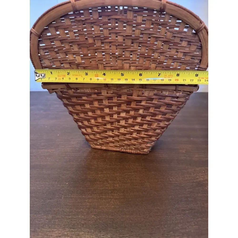 Woven Wicker Basket Two Tone Brown Pocket Flat Back Boho Farmhouse Decor Storage
